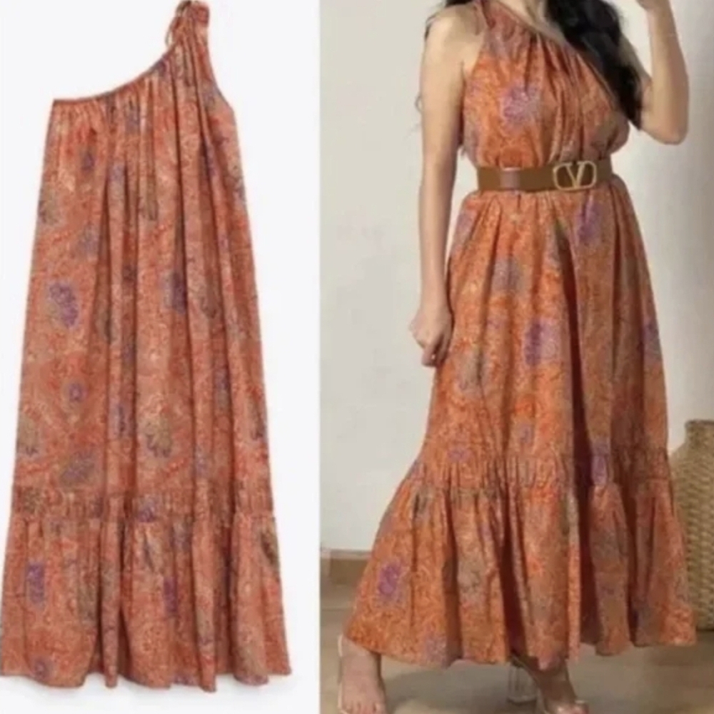 Zara Orange Vacation One-Shoulder Maxi Dress with Paisley Print Size XS
